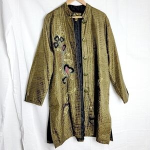 Mirasol Floral Embroidery Long Line 100% Silk Tunic Jacket Women's Size XL